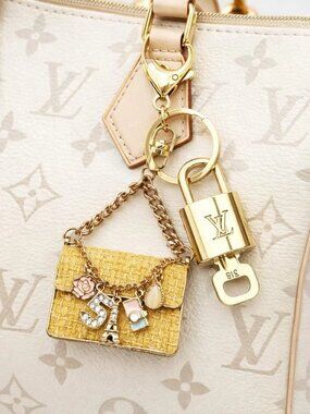 Authentic Louis Vuitton Padlock & Key Gold ✨ Unbranded Tweed Bag Charm Keychain